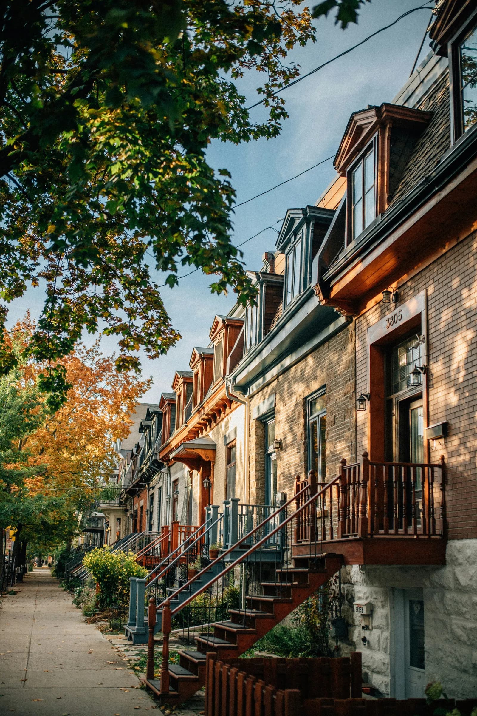 Maisons en pierre et escaliers extérieurs du Plateau-Mont-Royal, baignés de lumière automnale.